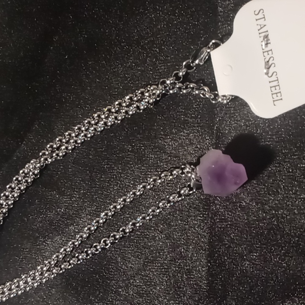 Amethyst crystal natural stone pendant on stainless steel rolo chain  20…